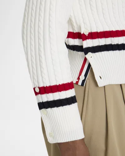 Thom Browne Rwb Cable Knit Sweater Button Detail V Neck In White
