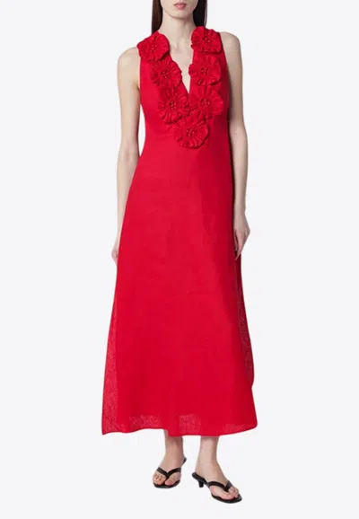 Farm Rio Linen Dress With Floral Appliques And Halterneck In Red