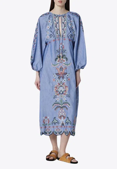 Farm Rio Blue Crew Neck Dress With Knot Closure And All-over Embroidery In Fabric Woman