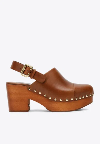 Chloé Chunky Heel Stud Embellishments Wooden Platform Pumps In Ginger Brown
