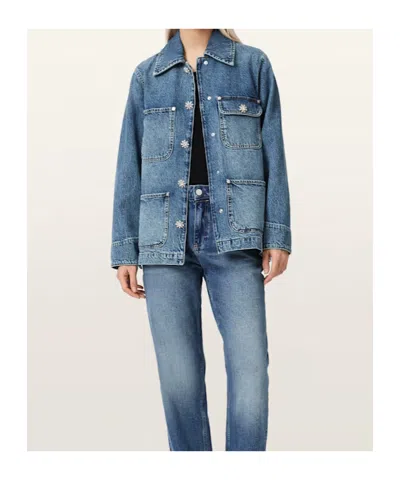 Allsaints Womens Mid Indigo Bex Crystal-stud Relaxed-fit Denim Jacket Xs In Blue
