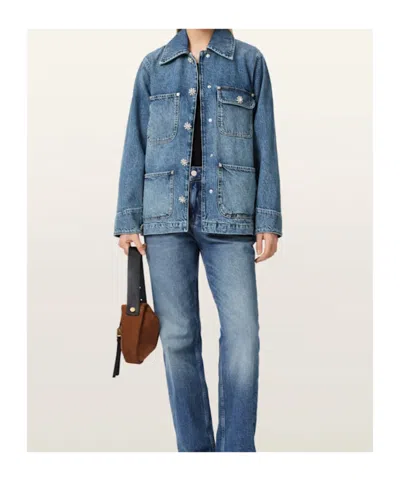 Allsaints Womens Mid Indigo Bex Crystal-stud Relaxed-fit Denim Jacket Xs In Blue