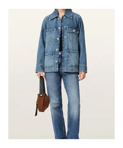 Allsaints Womens Mid Indigo Bex Crystal-stud Relaxed-fit Denim Jacket Xs In Blue