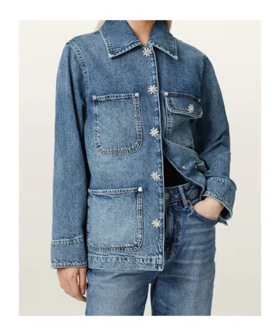 Allsaints Womens Mid Indigo Bex Crystal-stud Relaxed-fit Denim Jacket Xs In Blue