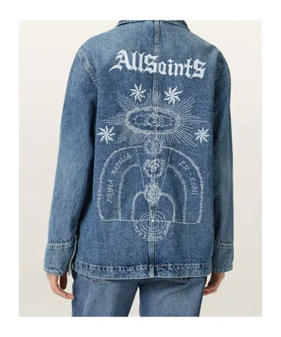 Allsaints Womens Mid Indigo Bex Crystal-stud Relaxed-fit Denim Jacket Xs In Blue