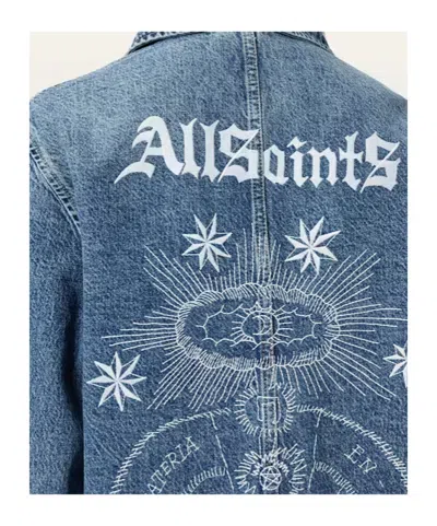 Allsaints Womens Mid Indigo Bex Crystal-stud Relaxed-fit Denim Jacket Xs In Blue