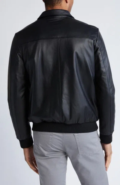 Bugatchi Zip Front Leather Bomber Jacket In Black