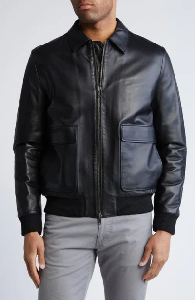 Bugatchi Zip Front Leather Bomber Jacket In Black