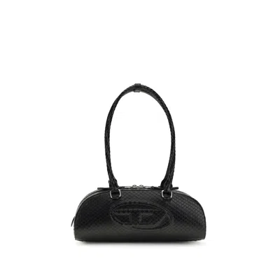Diesel Elongated Bowling Dome Shoulder Bag In Smooth Black Leather