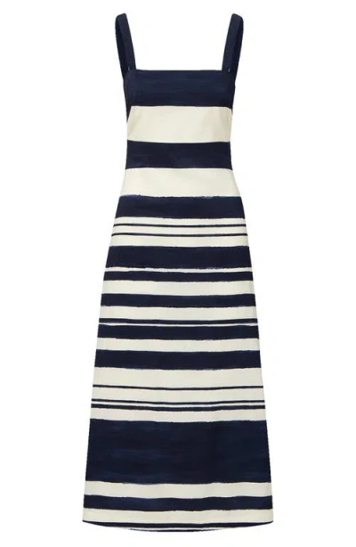 Veronica Beard Ella Striped Linen Midi Dress In Navy Dove White In Black