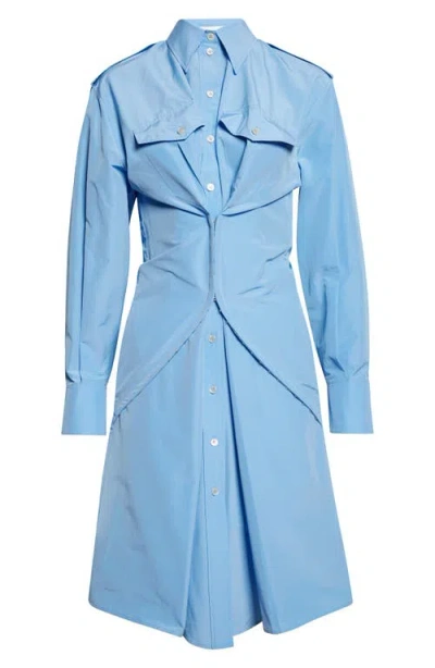 Alexander Mcqueen Mcqueen Long Sleeve Gathered Cotton Blend Shirtdress In Blue
