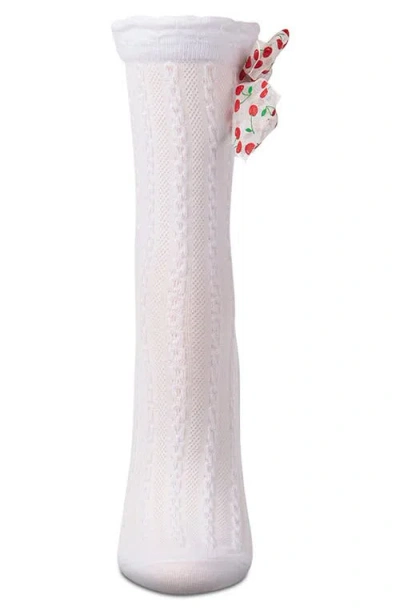 Memoi Cherry Bow Cable Crew Socks In White