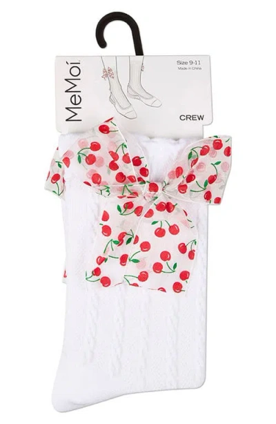 Memoi Cherry Bow Cable Crew Socks In White
