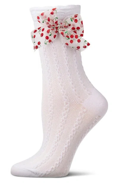 Memoi Cherry Bow Cable Crew Socks In White