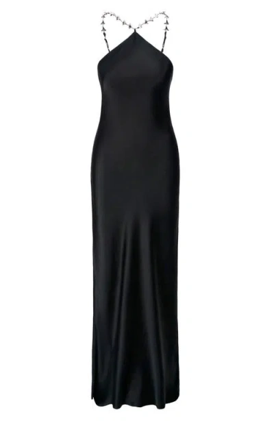 Staud Cadence Faux Pearl-embellished Satin Maxi Dress In Black