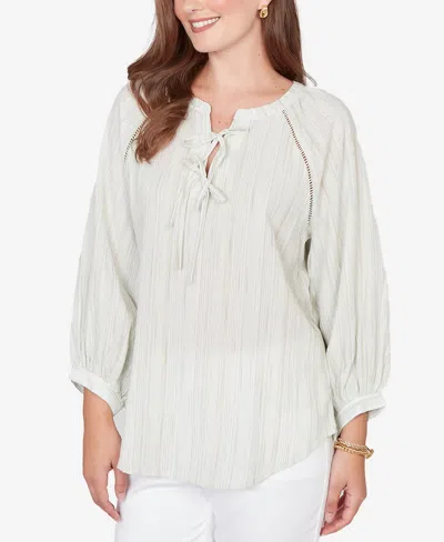 Ruby Rd. Petite Crinkle Stripe Tie Front Peasant Top In Green