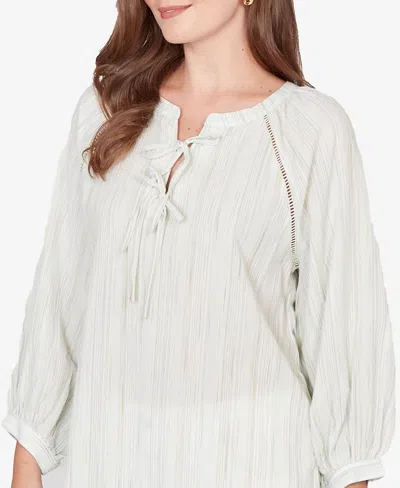 Ruby Rd. Petite Crinkle Stripe Tie Front Peasant Top In Green