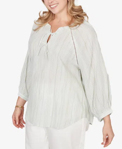 Ruby Rd. Plus Size Crinkle Stripe Tie Front Peasant Top In Gray