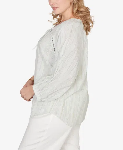 Ruby Rd. Plus Size Crinkle Stripe Tie Front Peasant Top In Gray