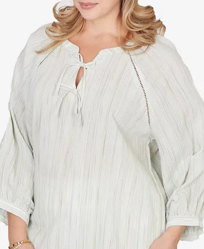 Ruby Rd. Plus Size Crinkle Stripe Tie Front Peasant Top In Gray