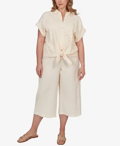 Ruby Rd. Plus Size Eyelet Front Gauze Tie-front T-shirt In Yellow