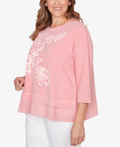 Ruby Rd. Plus Size Embroidered Terry Crew Neck Top In Pink