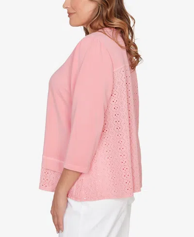 Ruby Rd. Plus Size Embroidered Terry Crew Neck Top In Pink