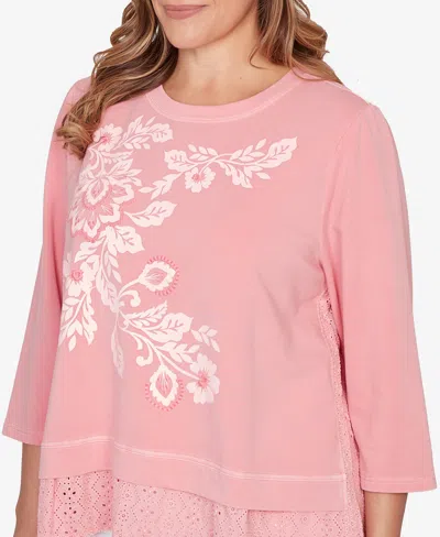 Ruby Rd. Plus Size Embroidered Terry Crew Neck Top In Pink
