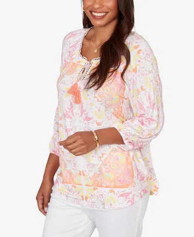 Ruby Rd. Petite Tapestry Print Drawstring Peasant Top In Multi