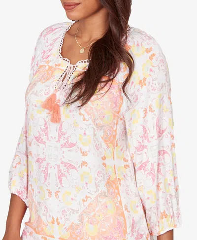 Ruby Rd. Petite Tapestry Print Drawstring Peasant Top In Multi