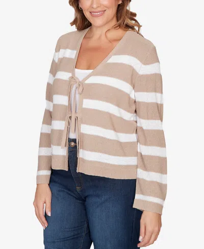 Ruby Rd. Plus Size Striped Tie Front Cardigan Sweater In Neutral