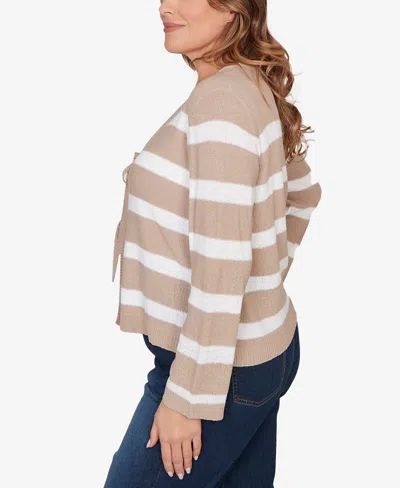 Ruby Rd. Plus Size Striped Tie Front Cardigan Sweater In Neutral
