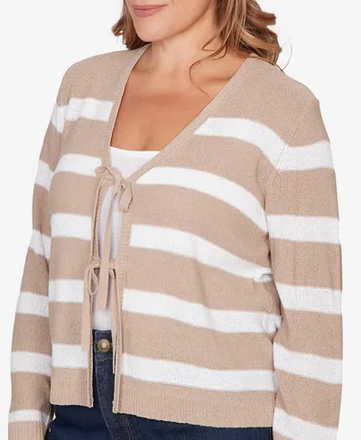 Ruby Rd. Plus Size Striped Tie Front Cardigan Sweater In Neutral