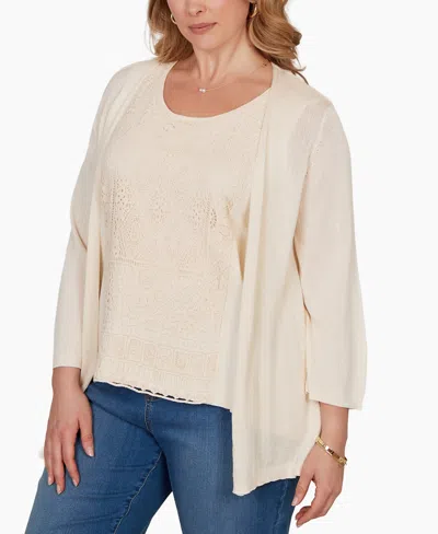 Ruby Rd. Plus Size Crochet Back Open Front Cardigan Sweater In Neutral