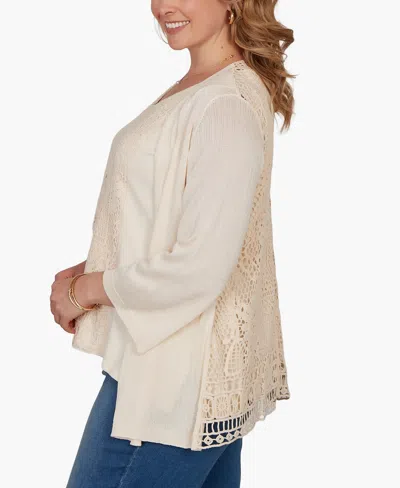 Ruby Rd. Plus Size Crochet Back Open Front Cardigan Sweater In Neutral