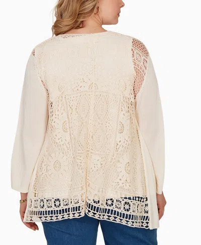 Ruby Rd. Plus Size Crochet Back Open Front Cardigan Sweater In Neutral