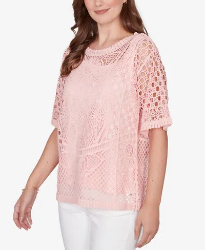 Ruby Rd. Petite Chemical Lace Pullover Sweater In Pink