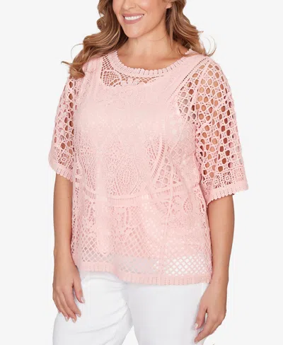 Ruby Rd. Plus Size Chemical Lace Pullover Sweater In Pink