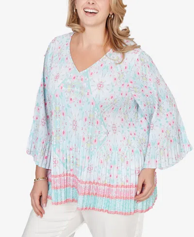Ruby Rd. Plus Size Pleated Tapestry Print Bell Sleeve Blouse In Multi
