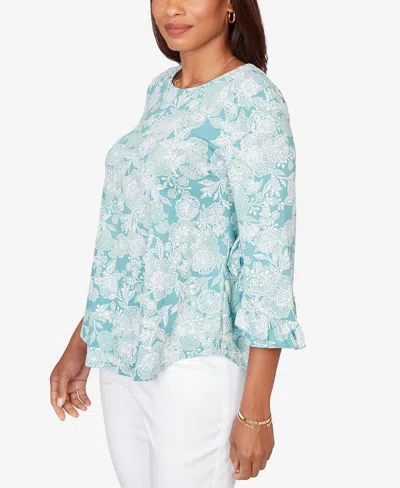 Ruby Rd. Petite Floral Puff Print Ruffle Knit Top In Multi