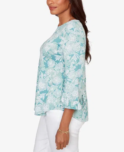 Ruby Rd. Petite Floral Puff Print Ruffle Knit Top In Multi