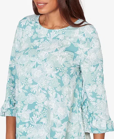 Ruby Rd. Petite Floral Puff Print Ruffle Knit Top In Multi