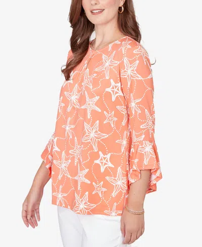 Ruby Rd. Petite Starfish Puff Print Flutter Sleeve Top In Orange