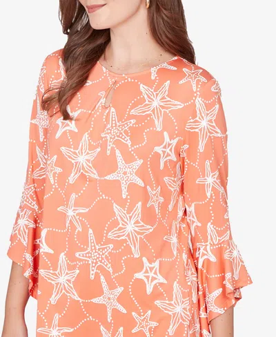 Ruby Rd. Petite Starfish Puff Print Flutter Sleeve Top In Orange