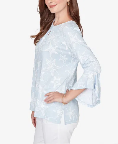Ruby Rd. Petite Starfish Puff Print Flutter Sleeve Top In Blue