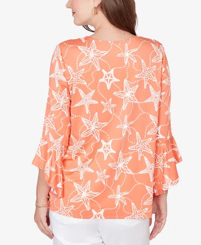 Ruby Rd. Plus Size Starfish Puff Print Flutter Sleeve Top In Brown