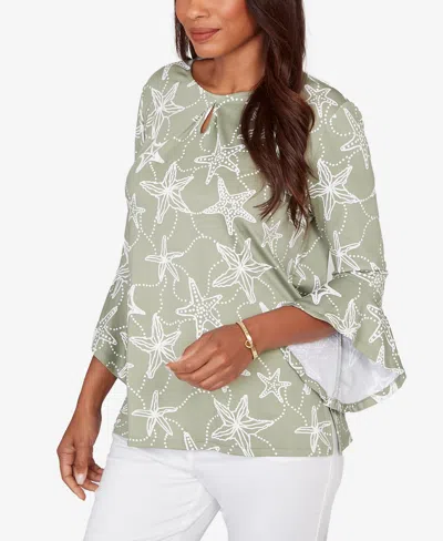 Ruby Rd. Plus Size Starfish Puff Print Flutter Sleeve Top In Brown