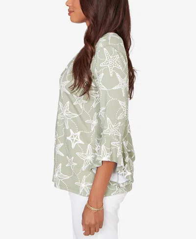 Ruby Rd. Plus Size Starfish Puff Print Flutter Sleeve Top In Brown