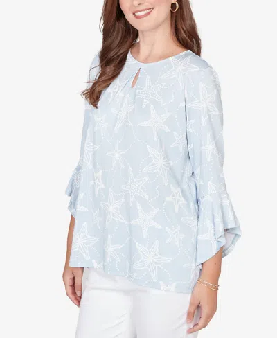 Ruby Rd. Plus Size Starfish Puff Print Flutter Sleeve Top In Blue