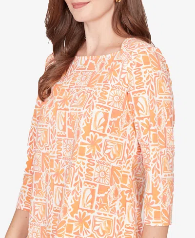 Ruby Rd. Petite Seashell Patchwork Knit Top In Orange